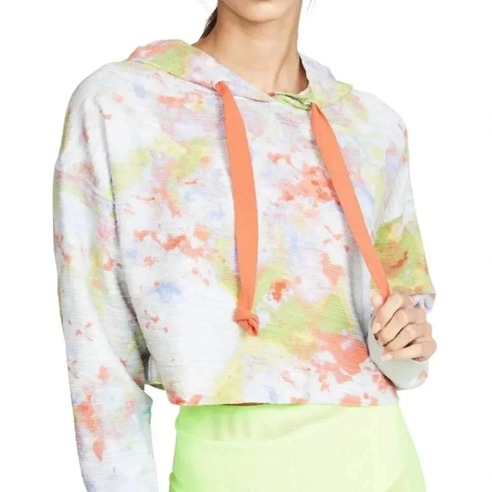 Free People Thinking About You Watercolor Cropped Neon Hoodie Size Large